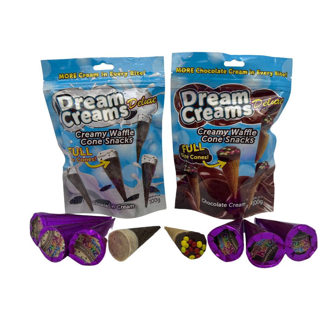 Dream Creams Snacks Mixed Sampler |2 bags of Chocolate Cream Cones and 2 bags of Cookies & Cream Cones